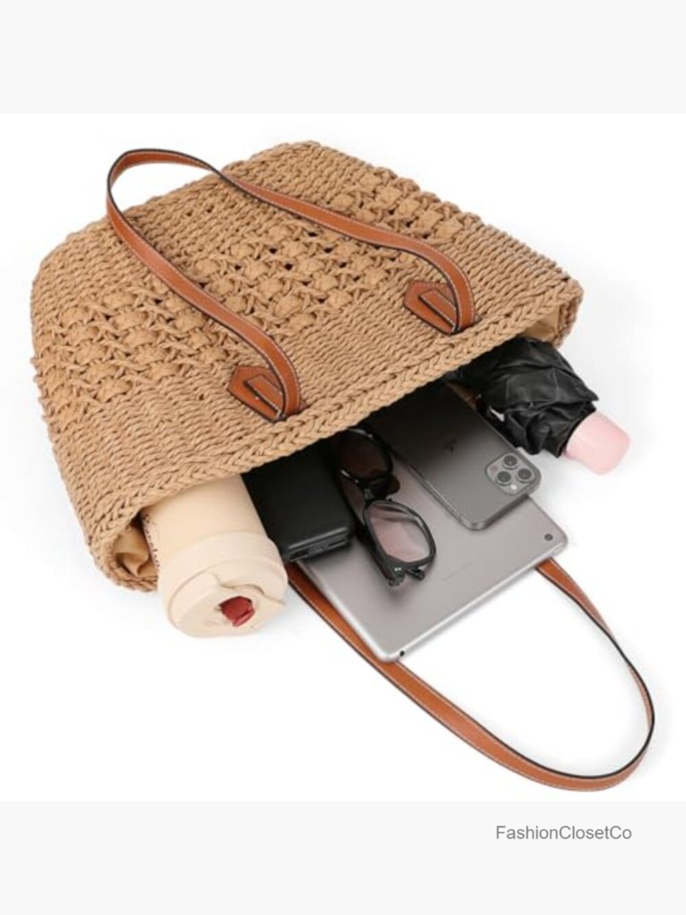 Straw Woven Tote Bag Large Summer Beach Handbag Top Handle Shoulder Bag - Picture 5 of 7